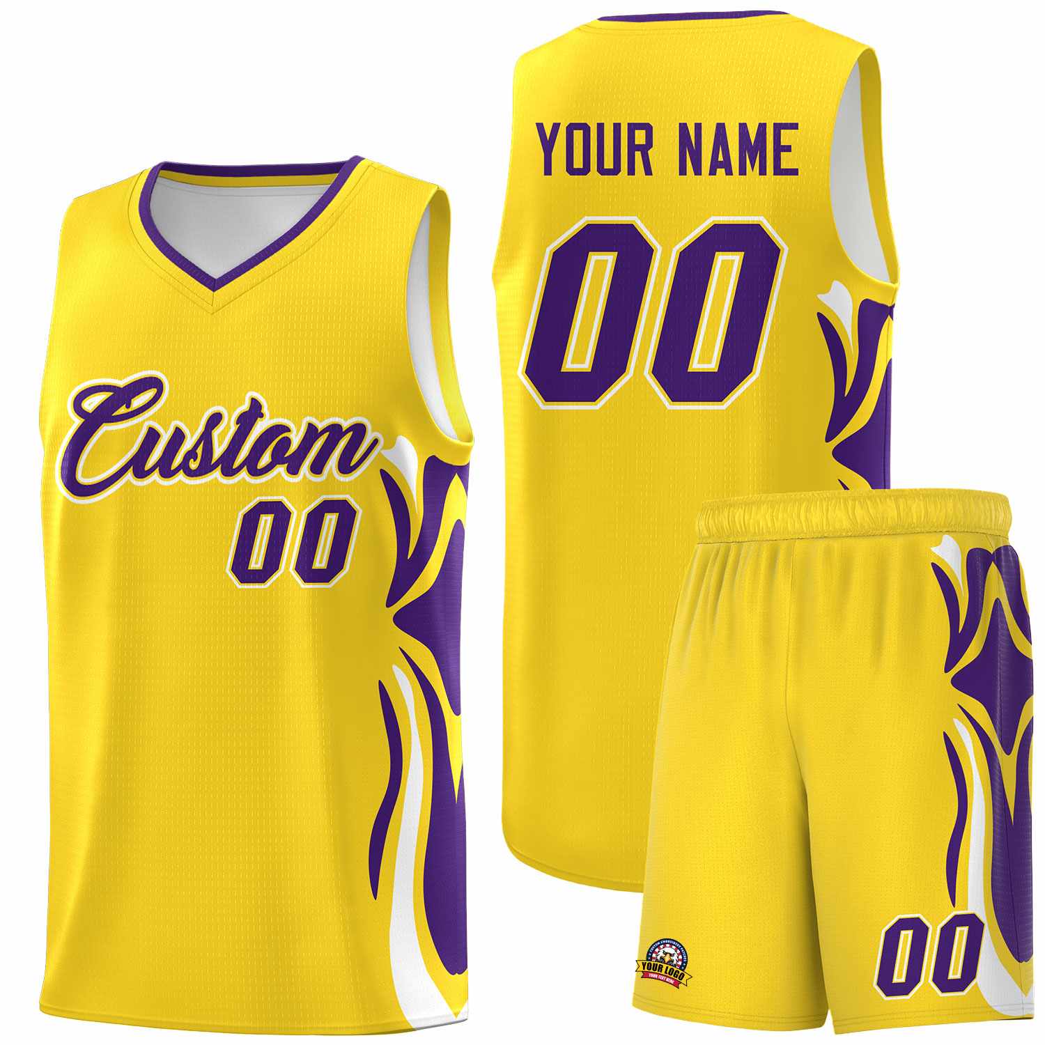 Custom Gold Purple-White Graffiti Pattern Side Curve Pattern Sports Uniform Basketball Jersey Sets