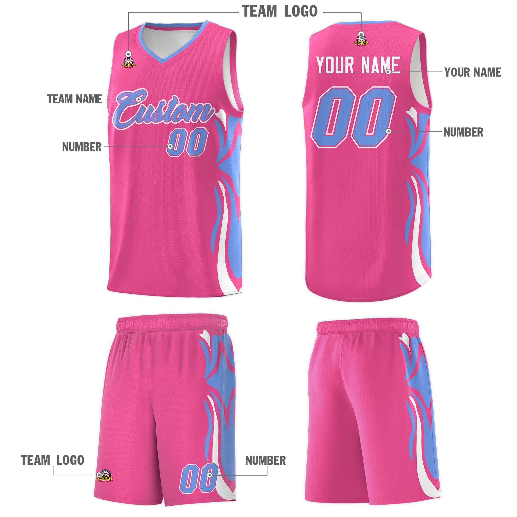 Custom Pink Light Blue-White Graffiti Pattern Side Curve Pattern Sports Uniform Basketball Jersey Sets