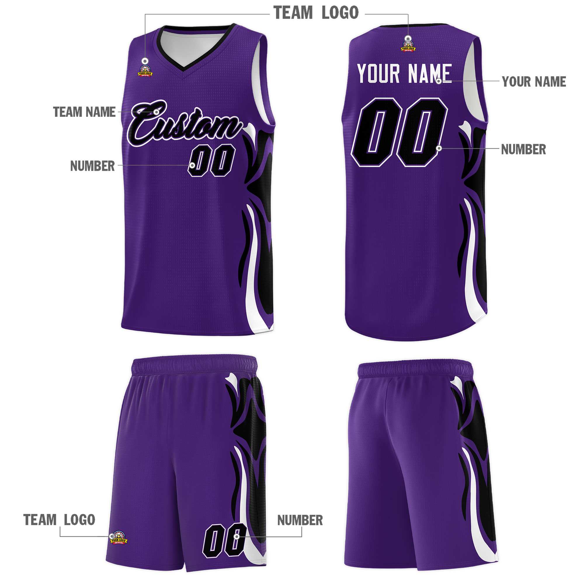 Custom Purple Black-White Graffiti Pattern Side Curve Pattern Sports Uniform Basketball Jersey Sets