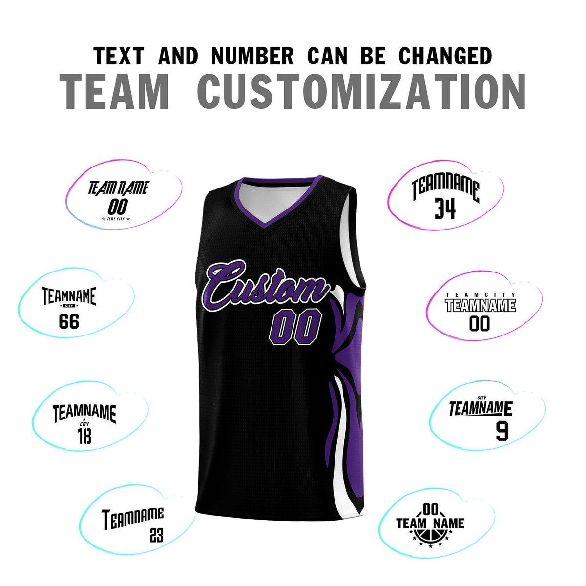 Custom Black Purple-White Graffiti Pattern Side Curve Pattern Sports Uniform Basketball Jersey Sets
