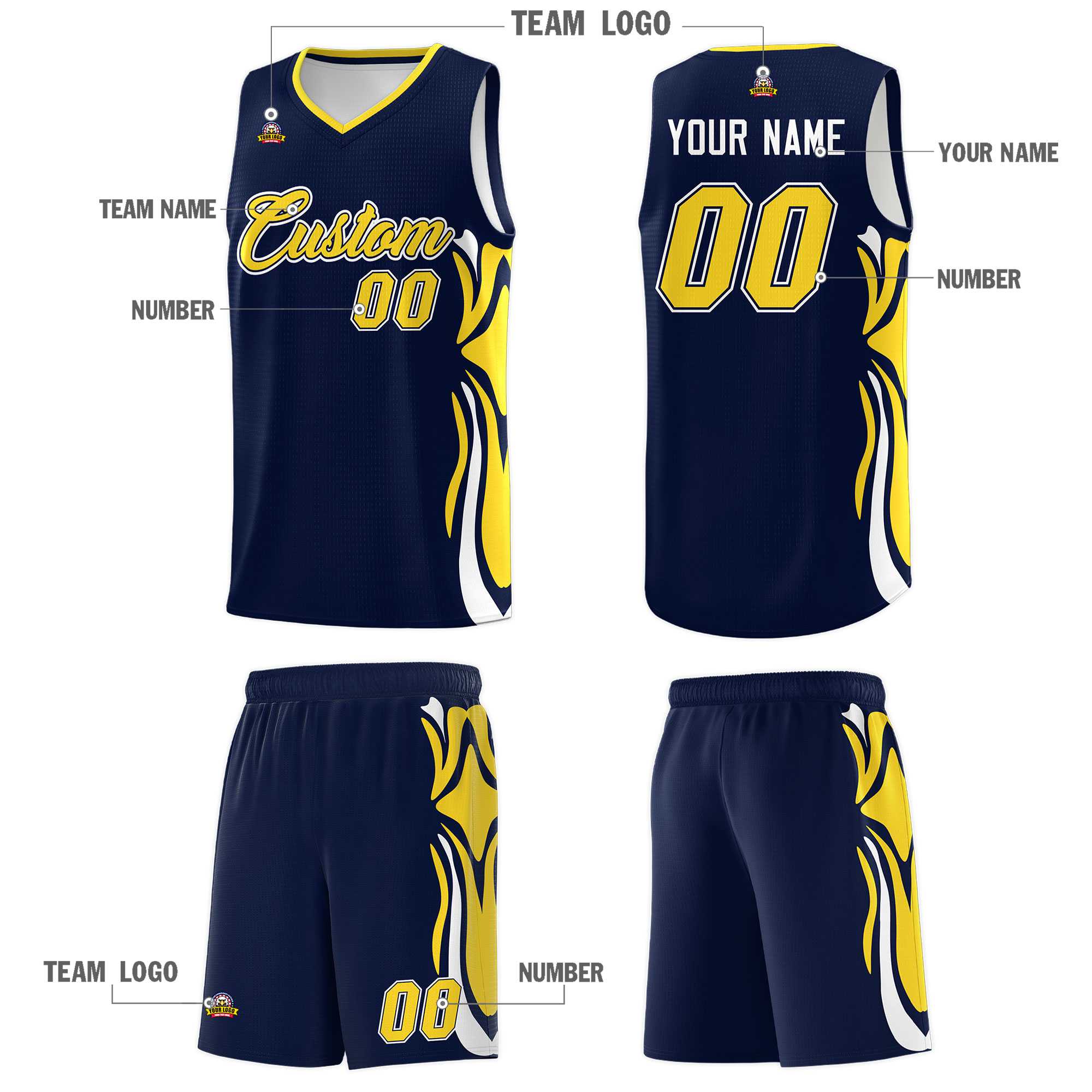 Custom Navy Gold-White Graffiti Pattern Side Curve Pattern Sports Uniform Basketball Jersey Sets
