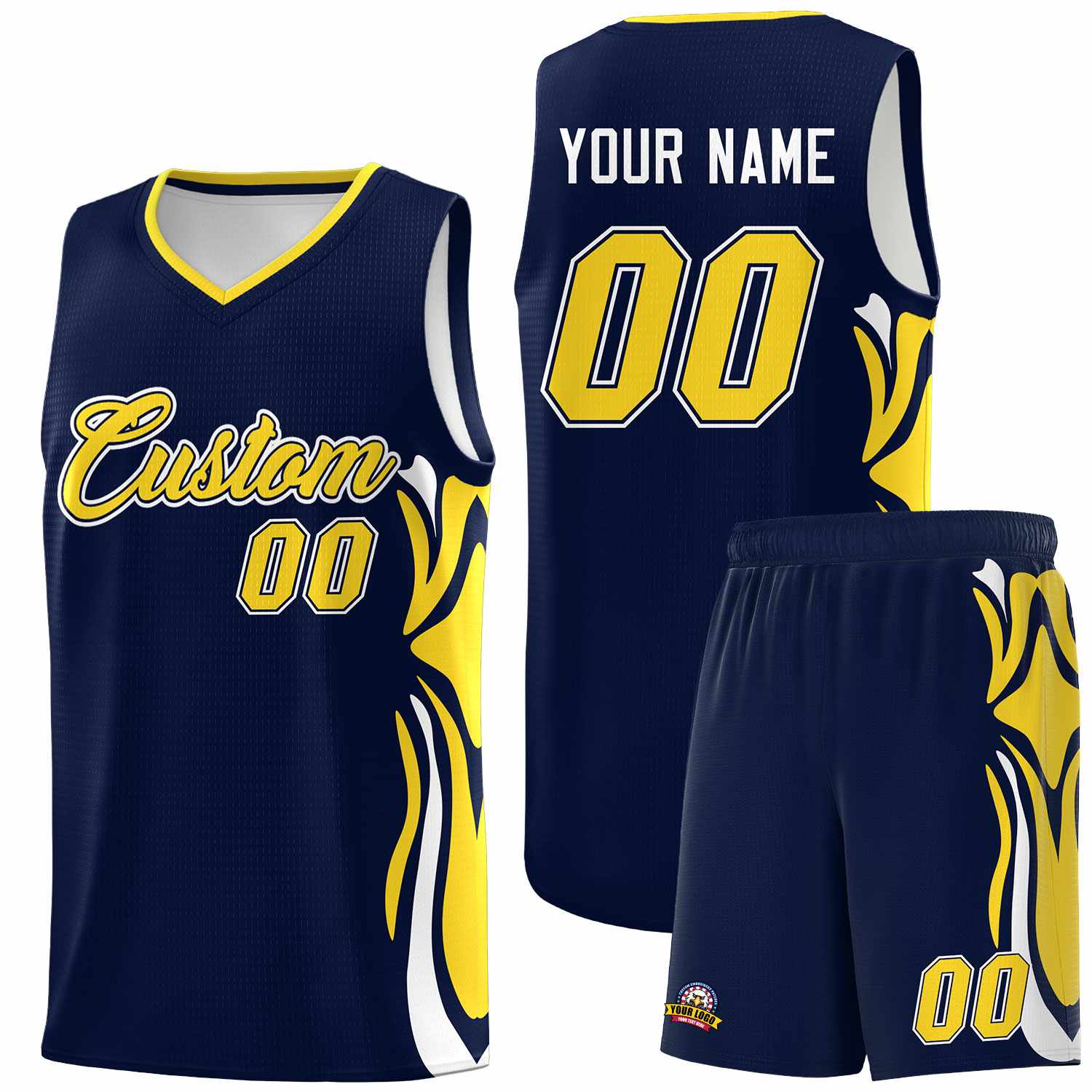 Custom Navy Gold-White Graffiti Pattern Side Curve Pattern Sports Uniform Basketball Jersey Sets