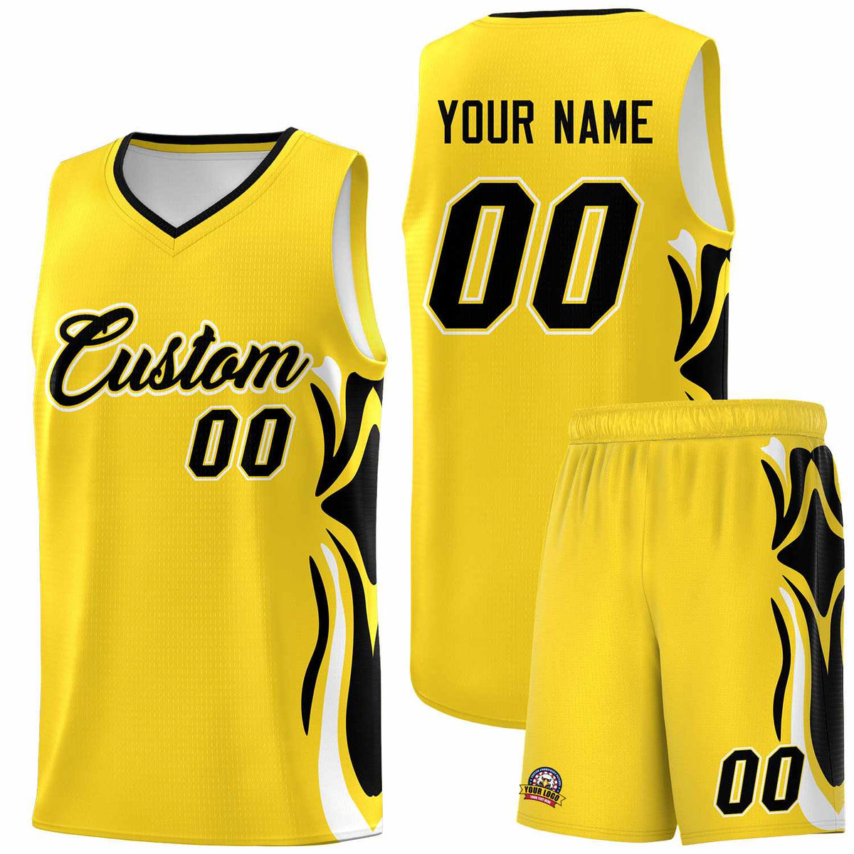 Custom Gold Black-White Graffiti Pattern Side Curve Pattern Sports Uniform Basketball Jersey Sets