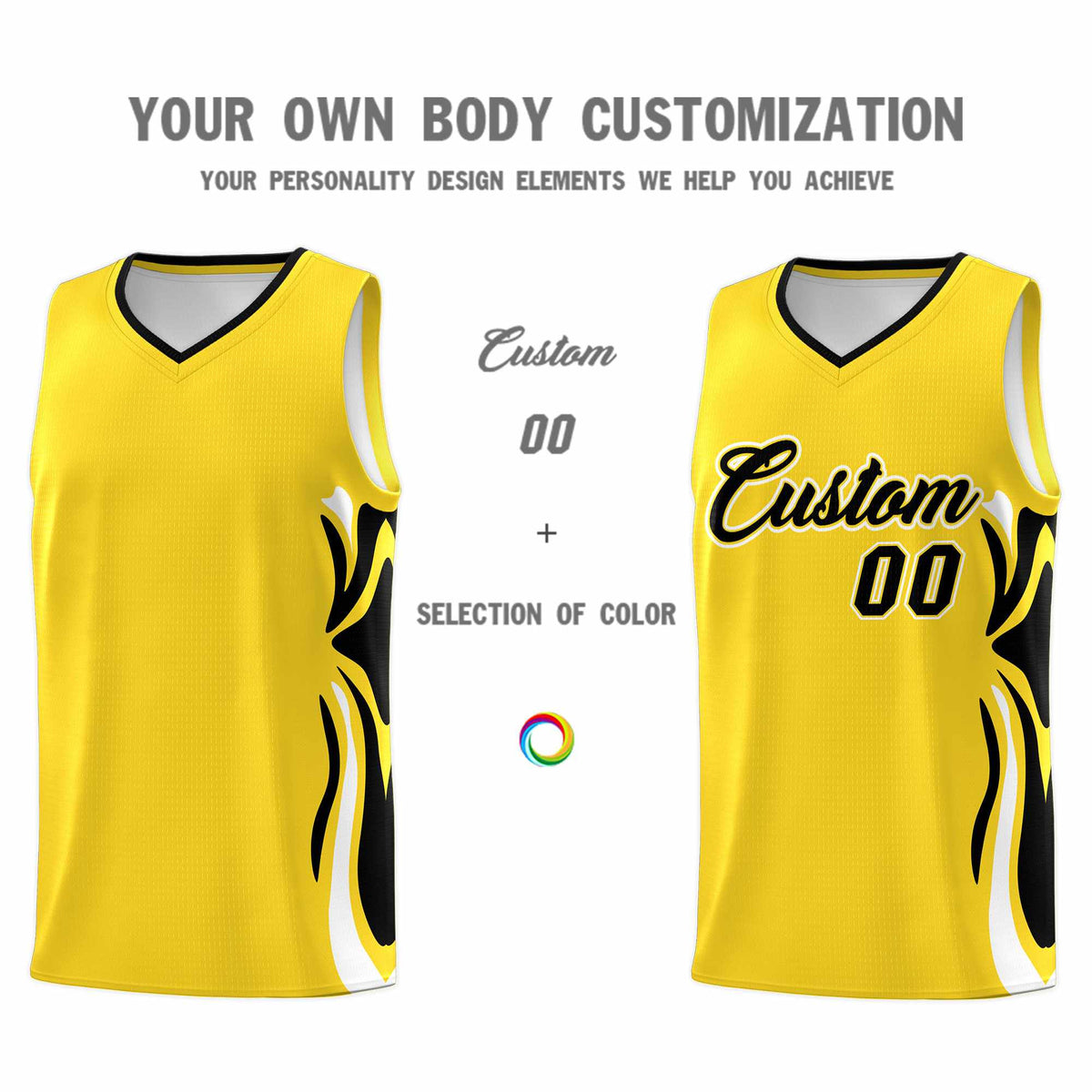 Custom Gold Black-White Graffiti Pattern Side Curve Pattern Sports Uniform Basketball Jersey Sets