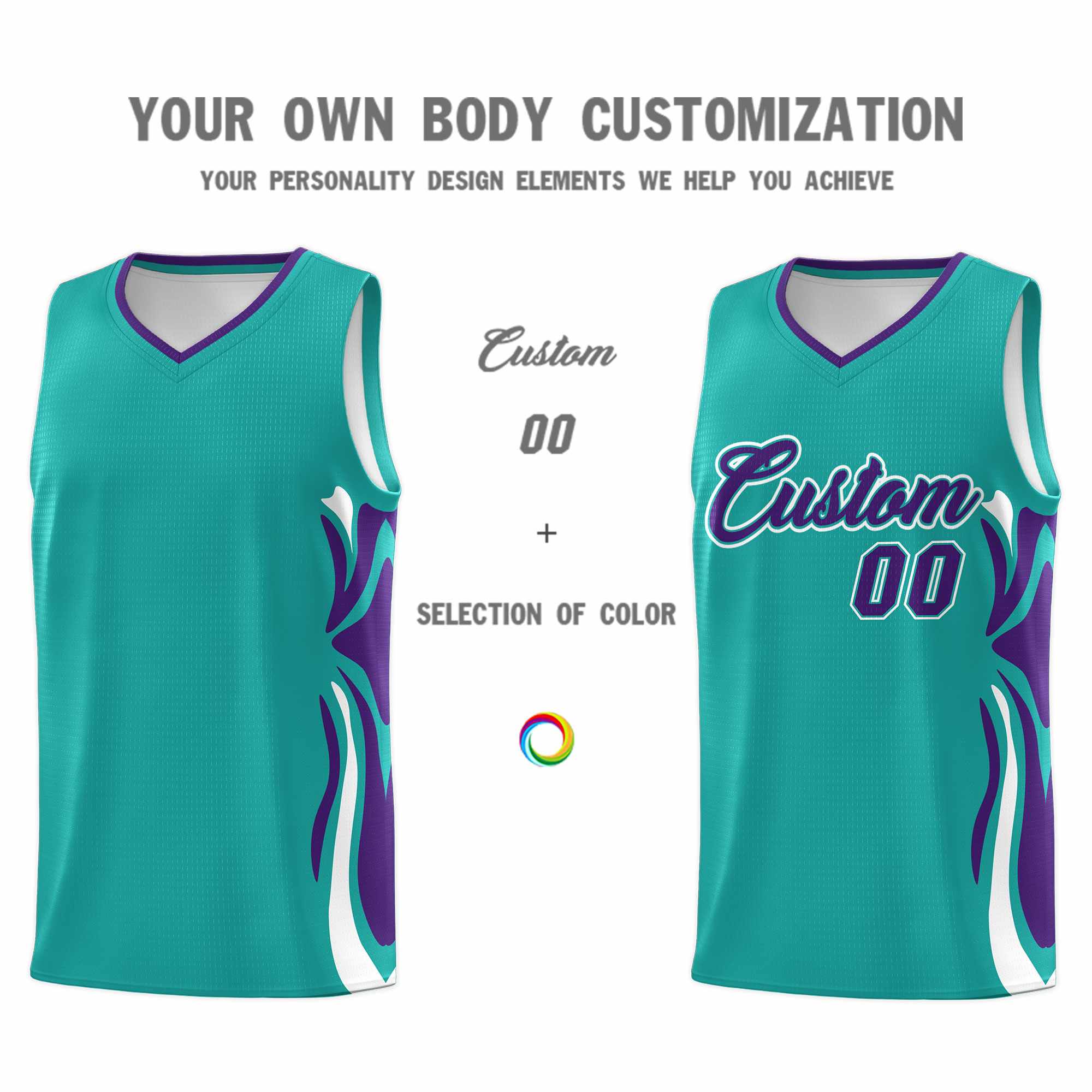 Custom Aqua Purple-White Graffiti Pattern Side Curve Pattern Sports Uniform Basketball Jersey Sets