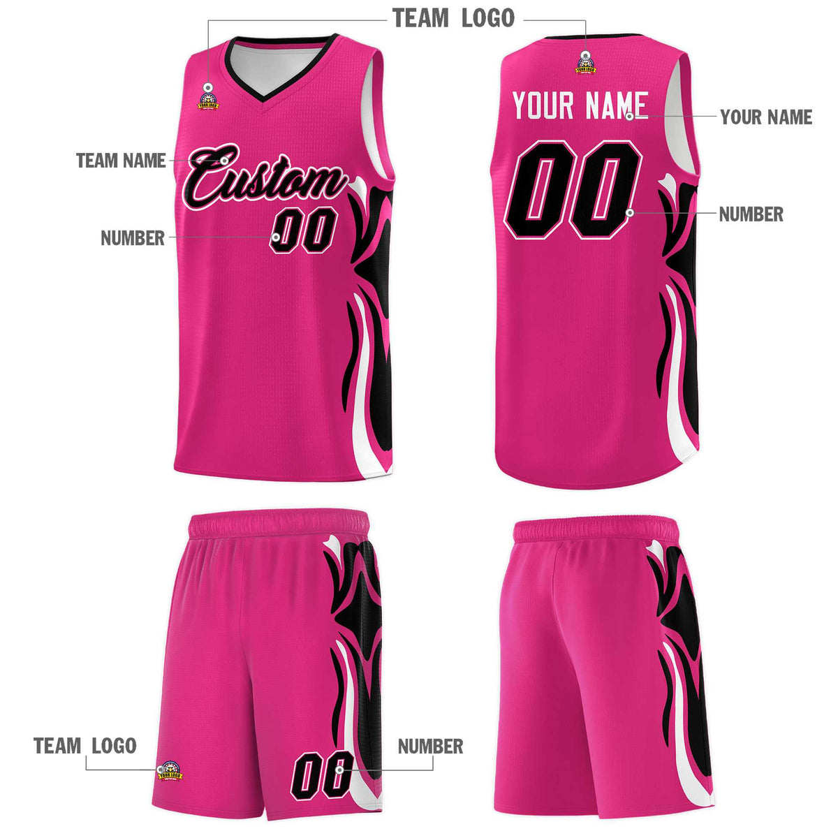 Custom Pink Black-White Graffiti Pattern Side Curve Pattern Sports Uniform Basketball Jersey Sets