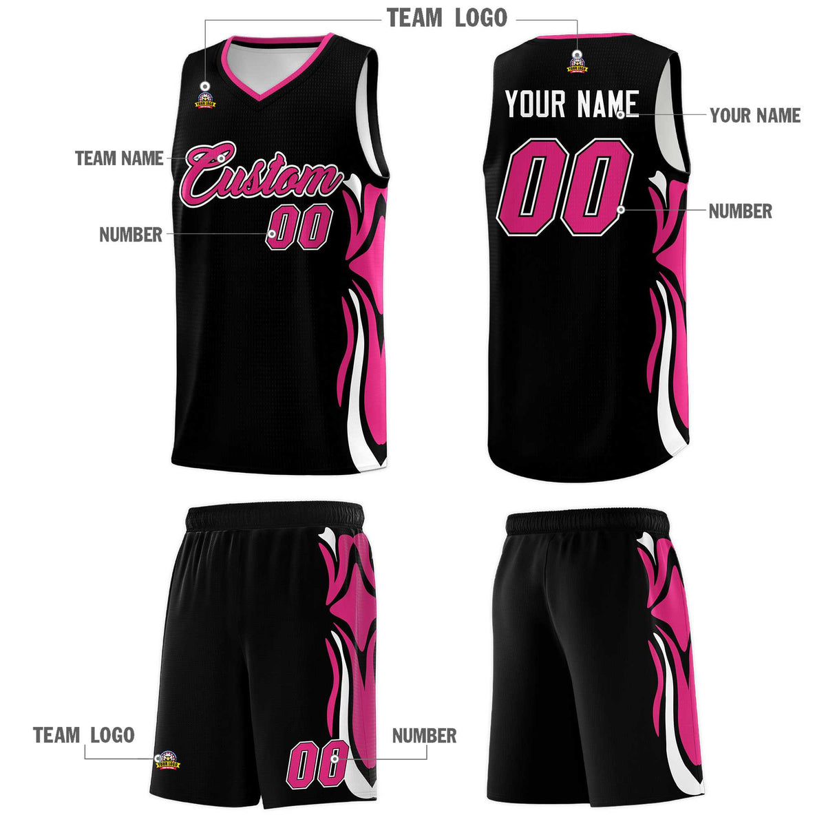 Custom Black Pink-White Graffiti Pattern Side Curve Pattern Sports Uniform Basketball Jersey Sets