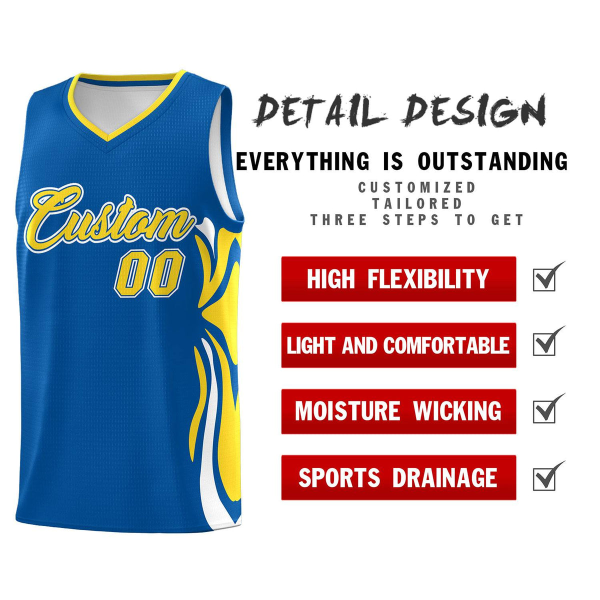 Custom Royal Gold-White Graffiti Pattern Side Curve Pattern Sports Uniform Basketball Jersey Sets