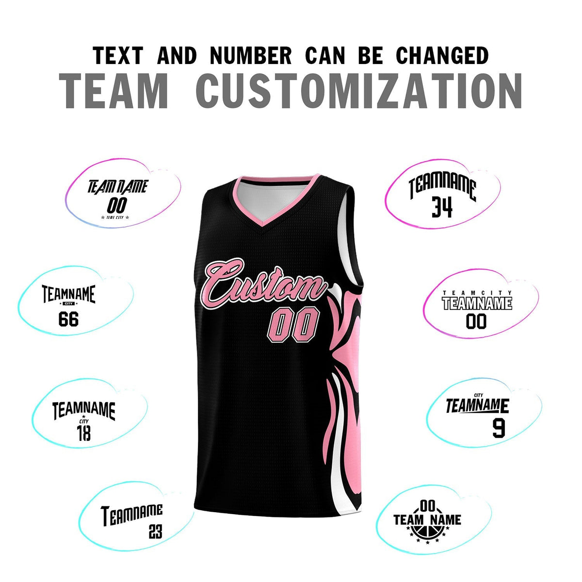 Custom Black Light Pink-White Graffiti Pattern Side Curve Pattern Sports Uniform Basketball Jersey Sets