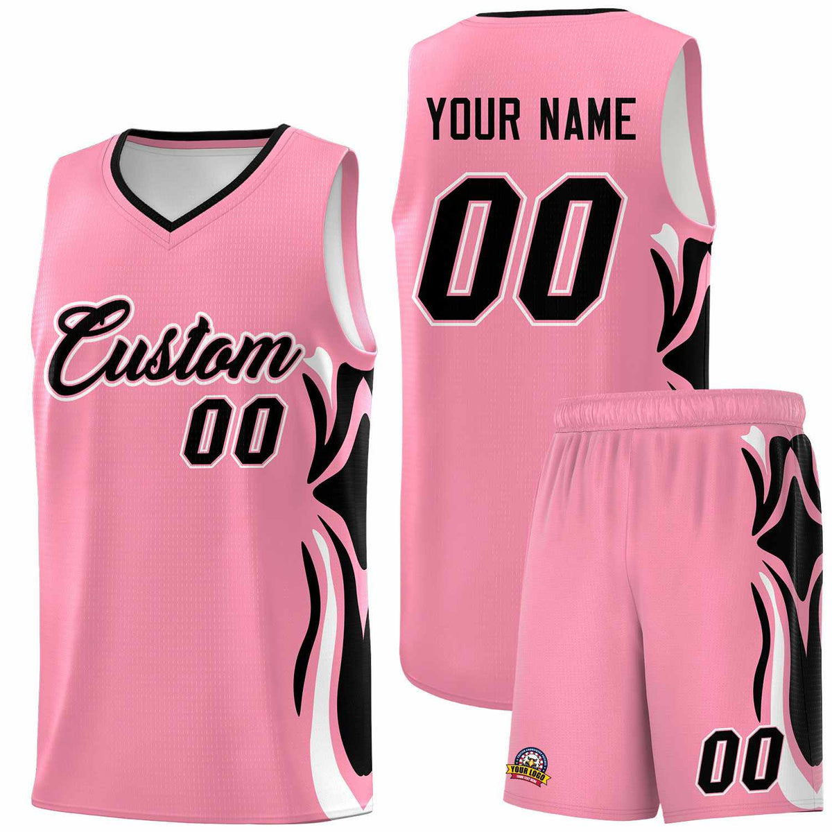Custom Light Pink Black-White Graffiti Pattern Side Curve Pattern Sports Uniform Basketball Jersey Sets