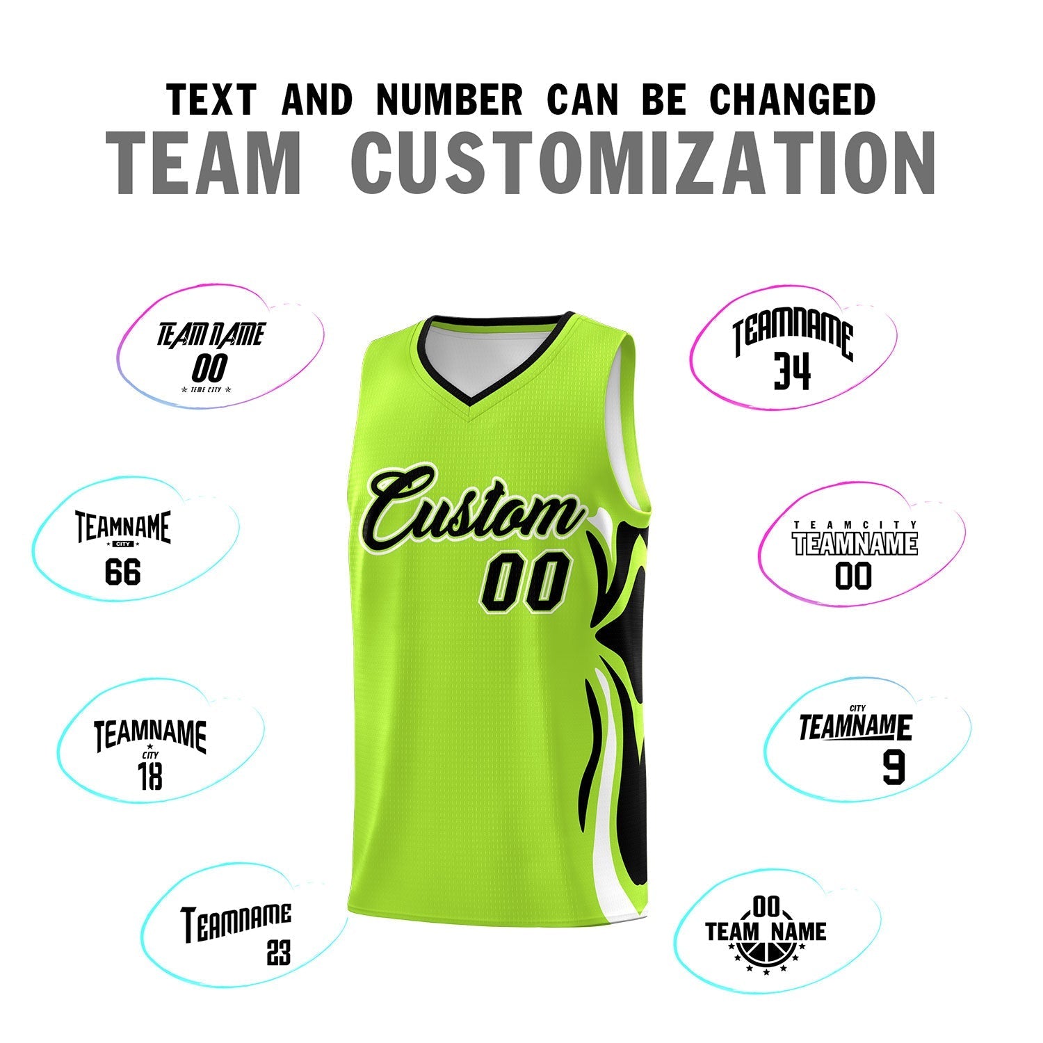 Custom Light Green Black-White Graffiti Pattern Side Curve Pattern Sports Uniform Basketball Jersey Sets