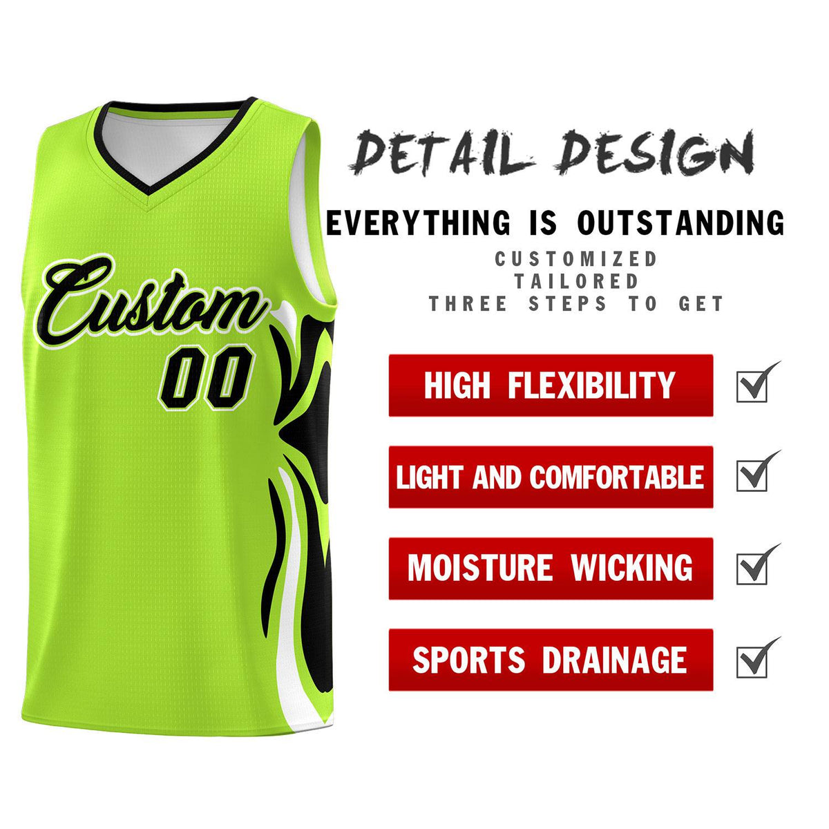 Custom Light Green Black-White Graffiti Pattern Side Curve Pattern Sports Uniform Basketball Jersey Sets