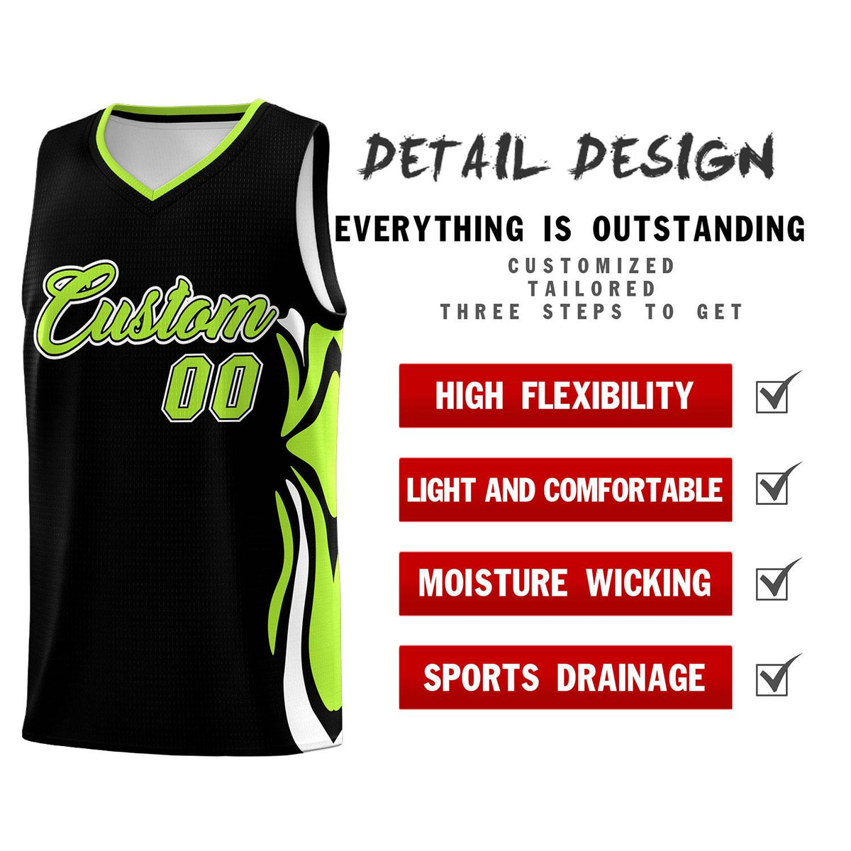 Custom Black Light Green-White Graffiti Pattern Side Curve Pattern Sports Uniform Basketball Jersey Sets
