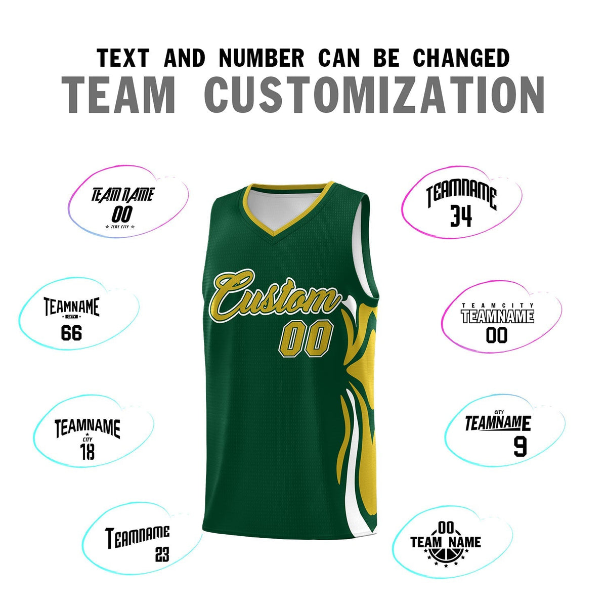 Custom Green Old Gold-White Graffiti Pattern Side Curve Pattern Sports Uniform Basketball Jersey Sets