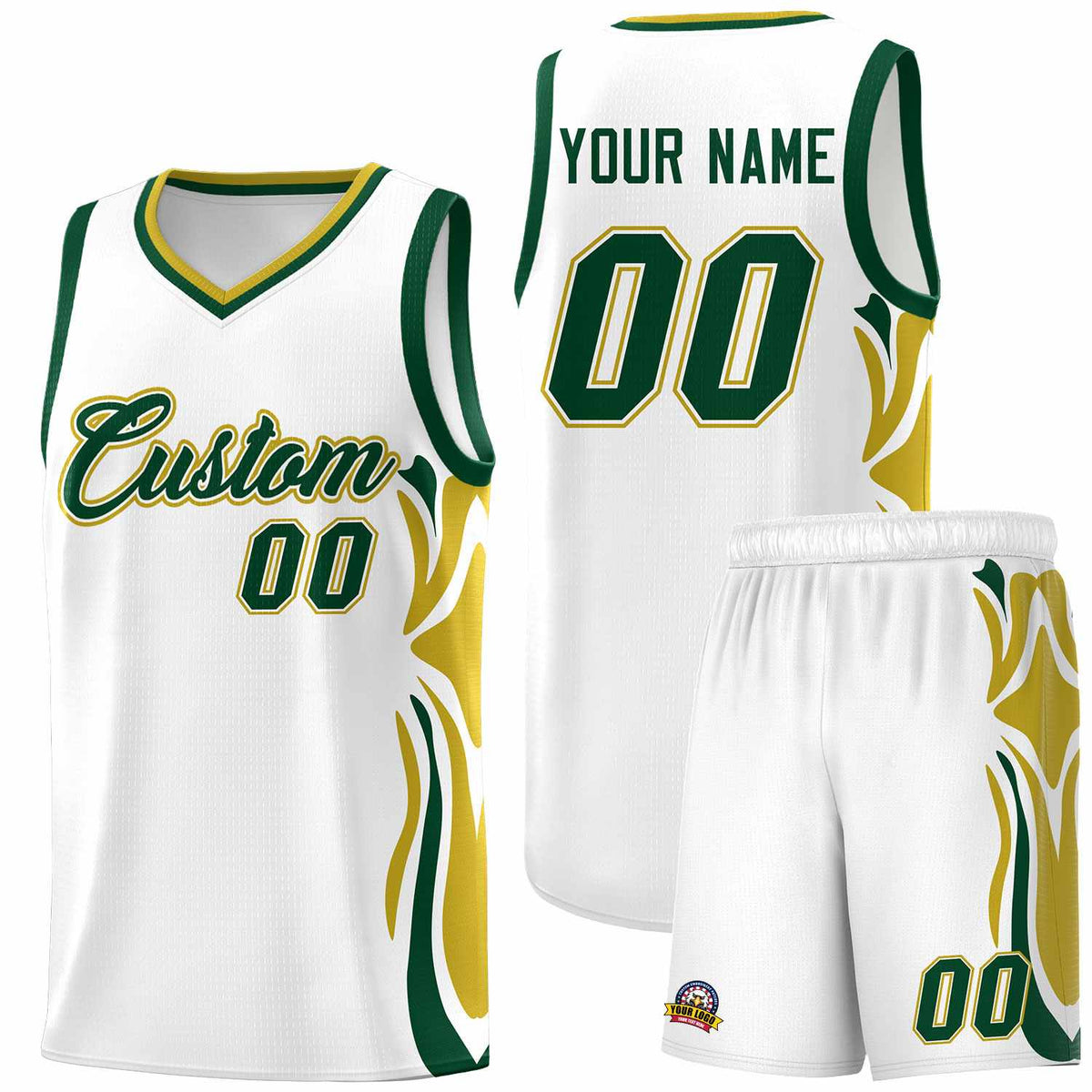 Custom White Green-Old Gold Graffiti Pattern Side Curve Pattern Sports Uniform Basketball Jersey Sets