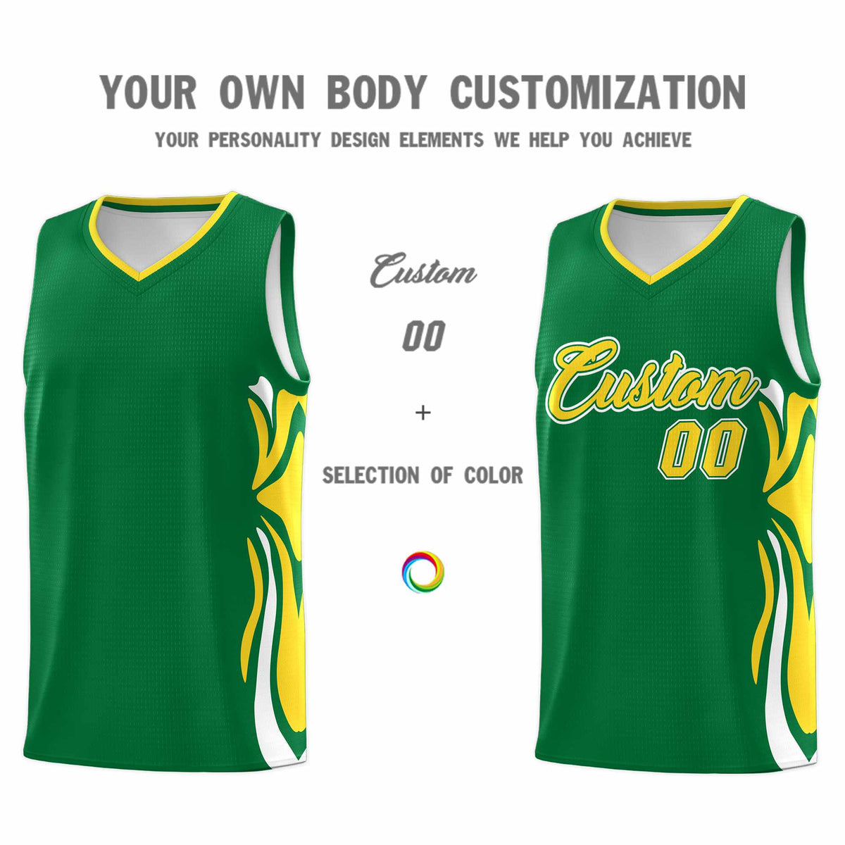 Custom Kelly Green Gold-White Graffiti Pattern Side Curve Pattern Sports Uniform Basketball Jersey Sets