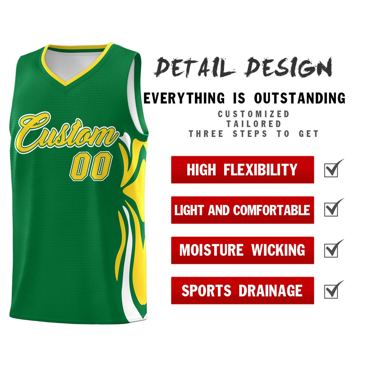 Custom Kelly Green Gold-White Graffiti Pattern Side Curve Pattern Sports Uniform Basketball Jersey Sets