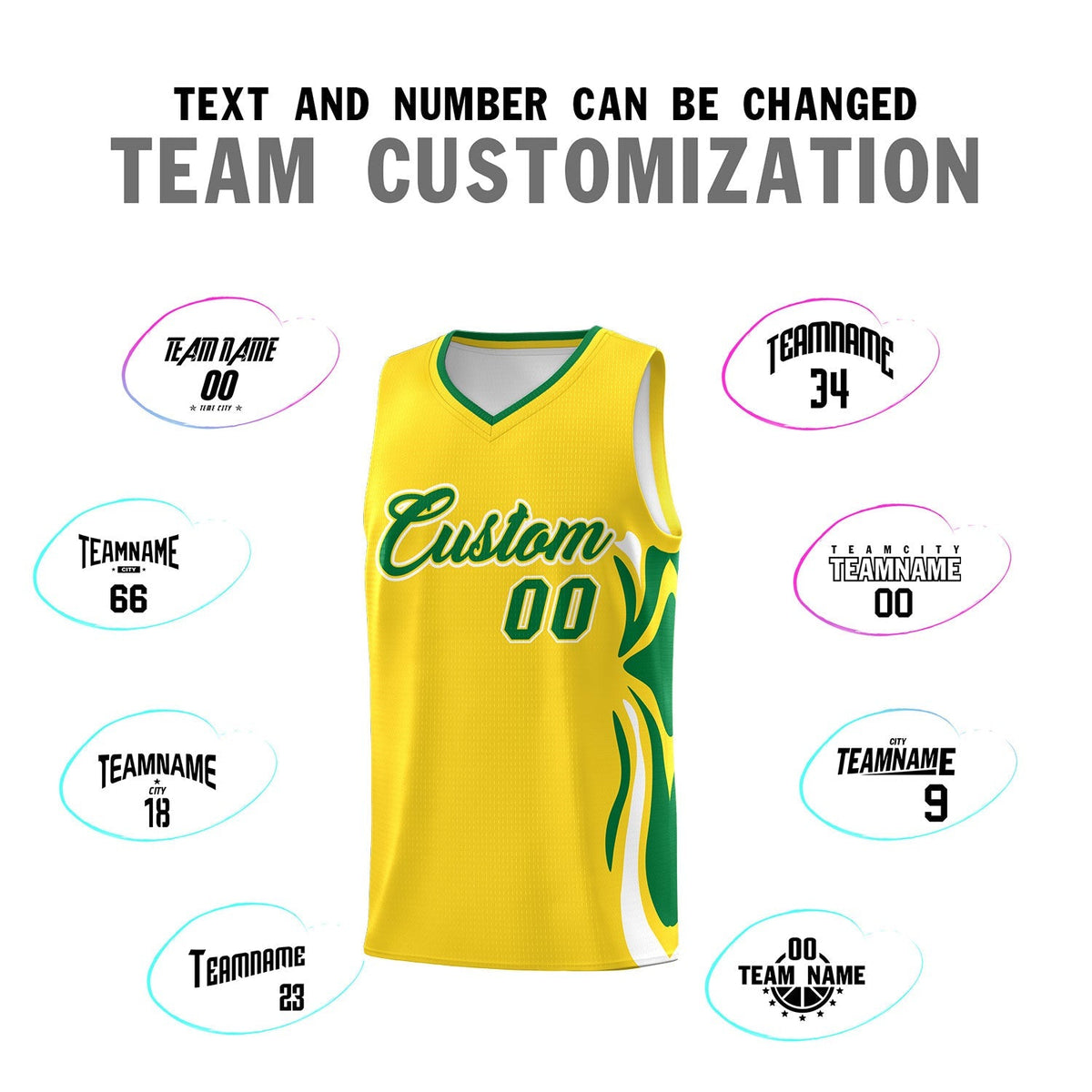 Custom Gold Kelly Green-White Graffiti Pattern Side Curve Pattern Sports Uniform Basketball Jersey Sets