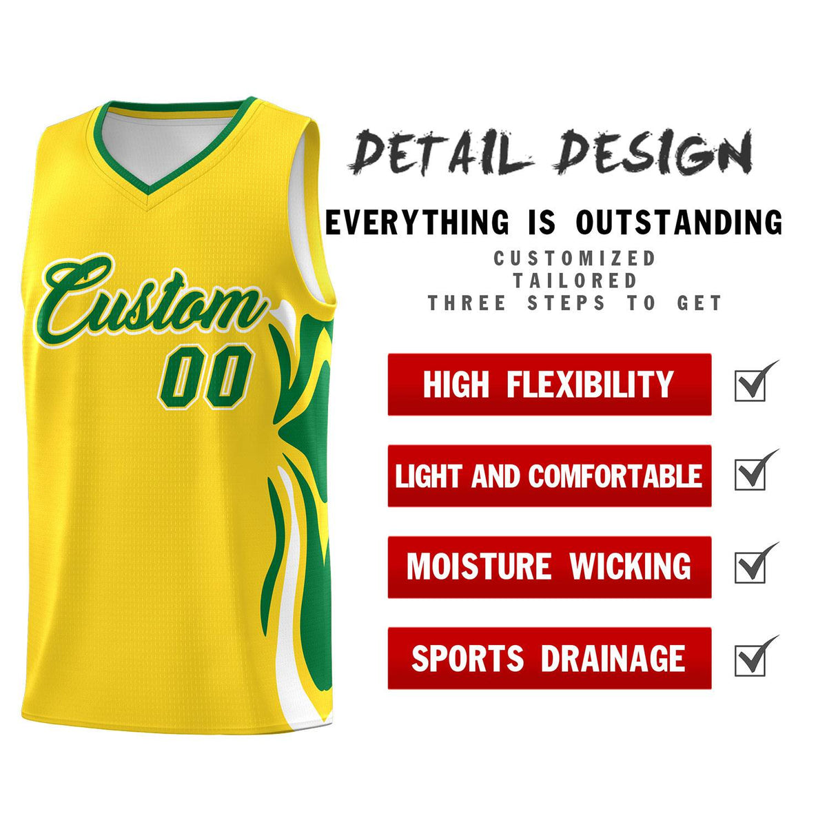 Custom Gold Kelly Green-White Graffiti Pattern Side Curve Pattern Sports Uniform Basketball Jersey Sets