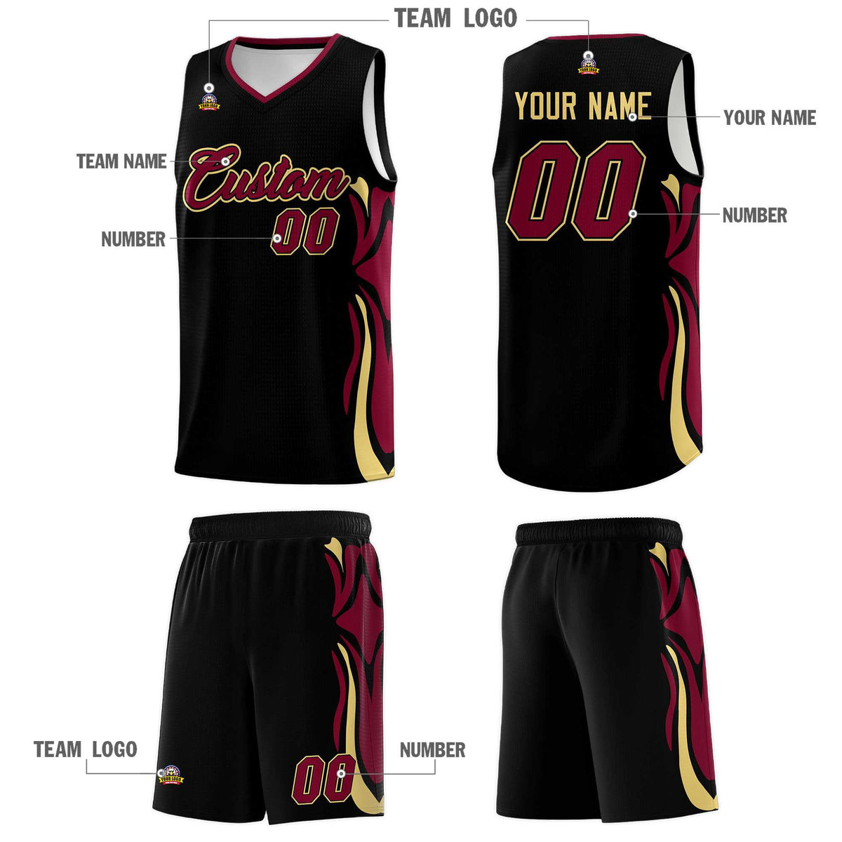 Custom Black Crimson-Khaki Graffiti Pattern Side Curve Pattern Sports Uniform Basketball Jersey Sets