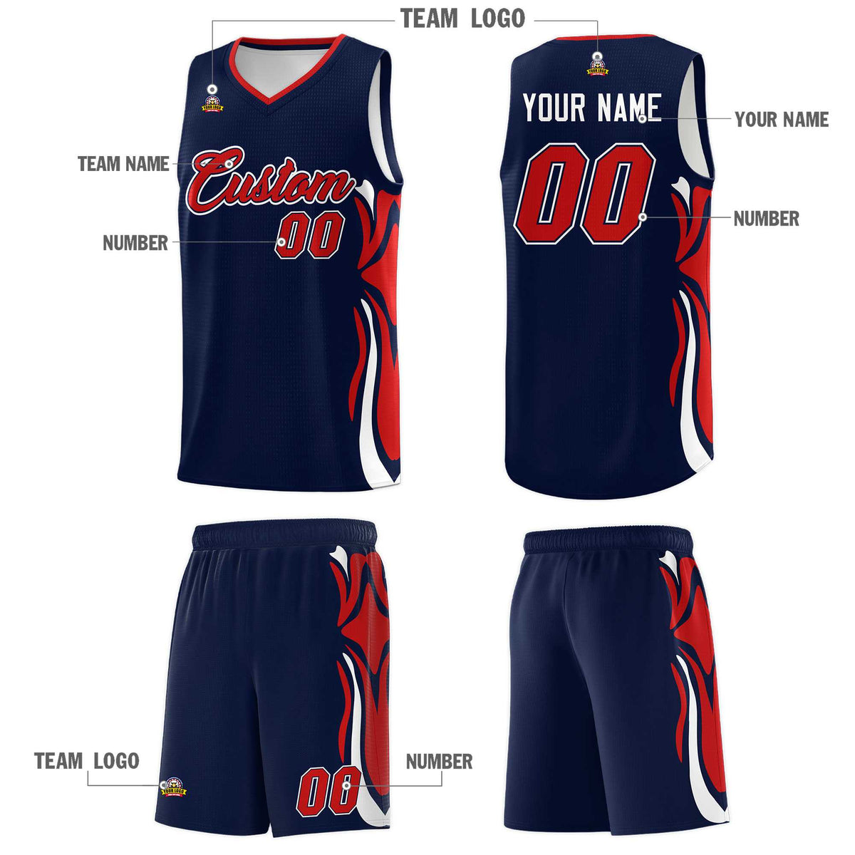 Custom Navy Red-White Graffiti Pattern Side Curve Pattern Sports Uniform Basketball Jersey Sets