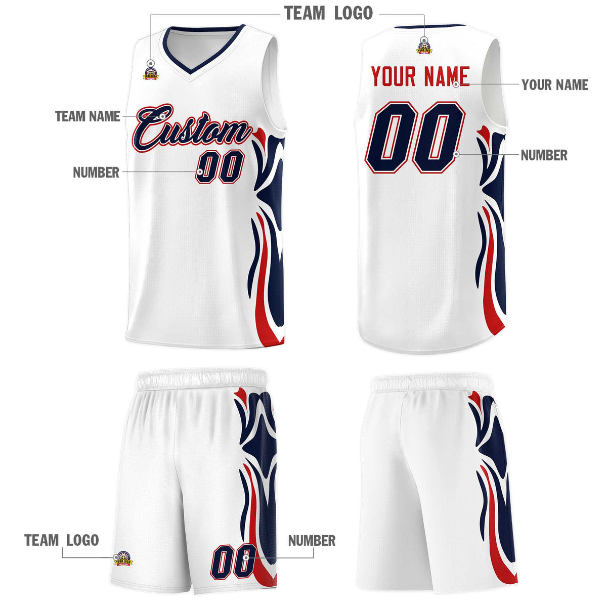 Custom White Navy-Red Graffiti Pattern Side Curve Pattern Sports Uniform Basketball Jersey Sets