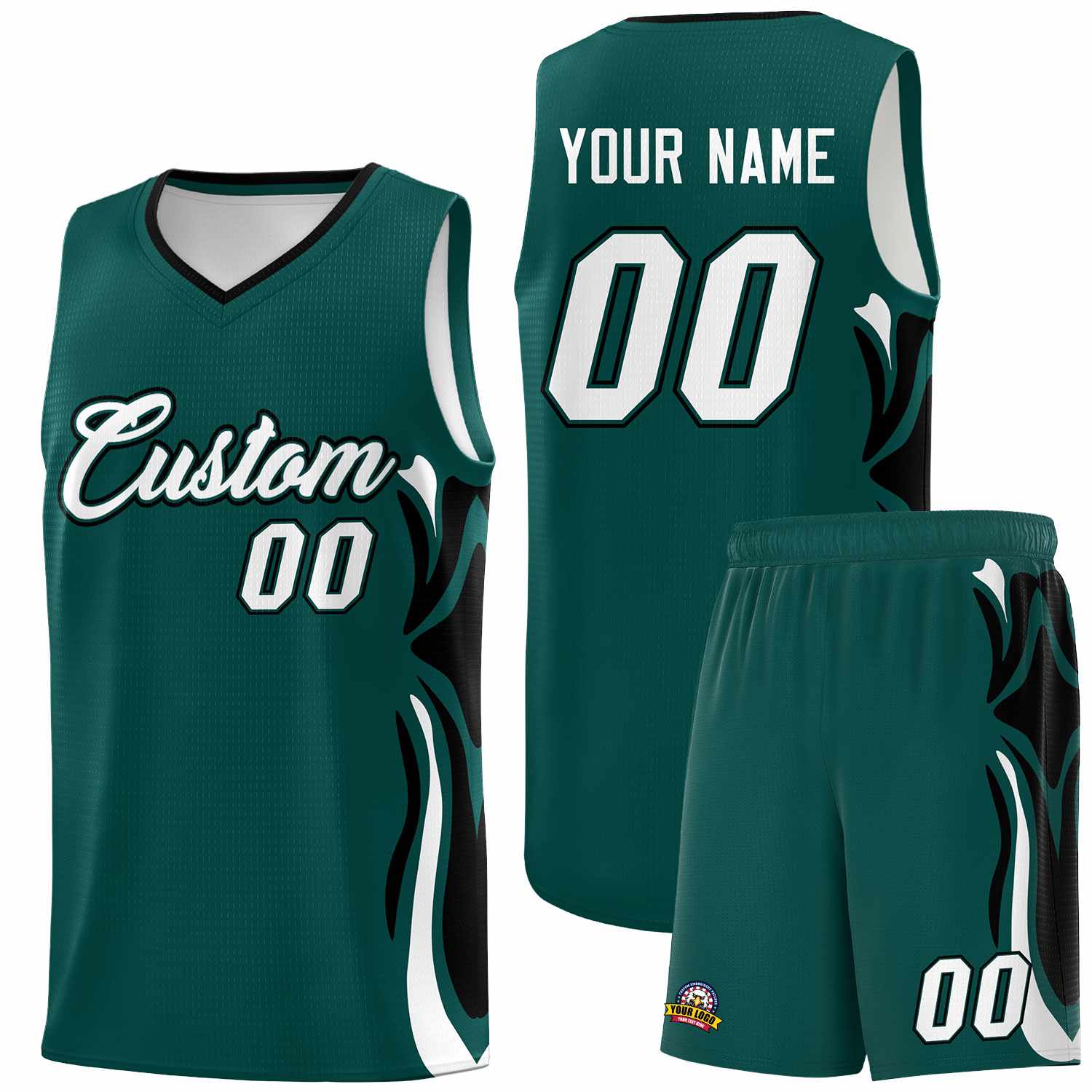 Custom Midnight Green White-Black Graffiti Pattern Side Curve Pattern Sports Uniform Basketball Jersey Sets