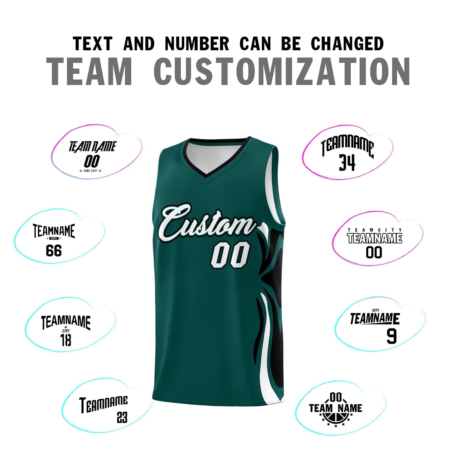 Custom Midnight Green White-Black Graffiti Pattern Side Curve Pattern Sports Uniform Basketball Jersey Sets