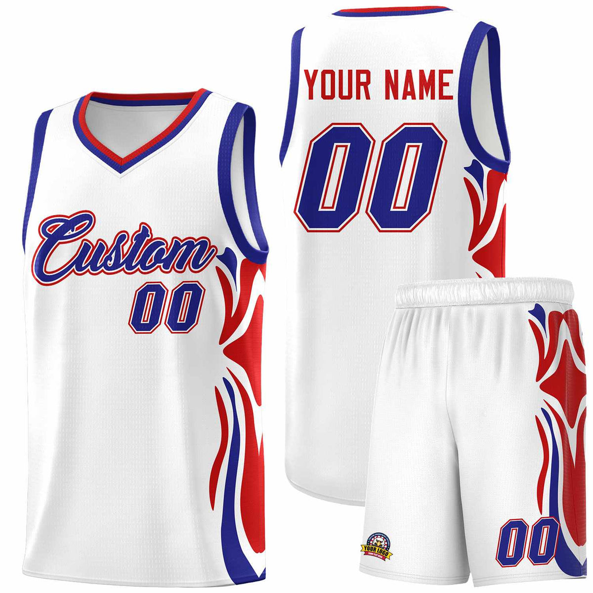 Custom White Royal-Red Graffiti Pattern Side Curve Pattern Sports Uniform Basketball Jersey Sets
