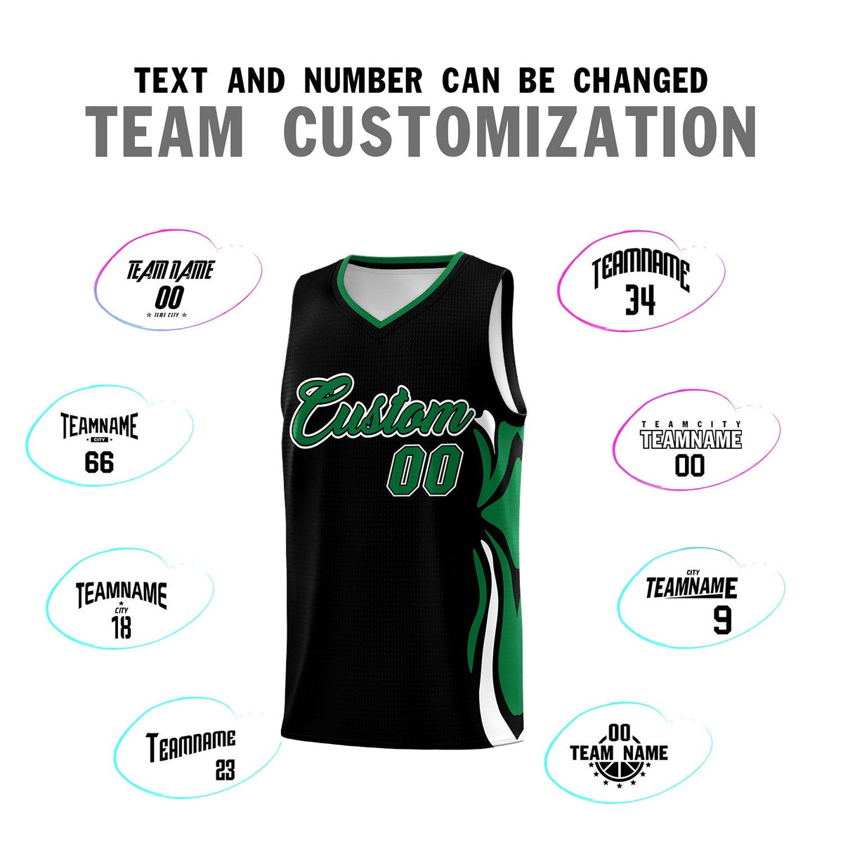 Custom Black Kelly Green-White Graffiti Pattern Side Curve Pattern Sports Uniform Basketball Jersey Sets