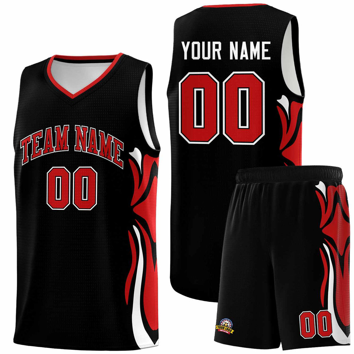 Custom Black Red-White Graffiti Pattern Side Curve Pattern Sports Uniform Basketball Jersey Sets