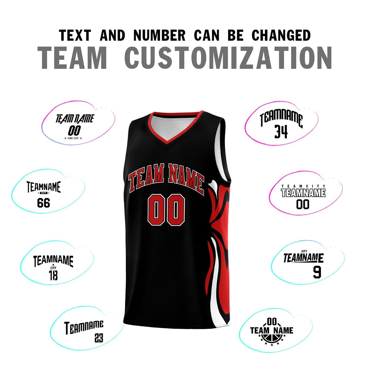 Custom Black Red-White Graffiti Pattern Side Curve Pattern Sports Uniform Basketball Jersey Sets