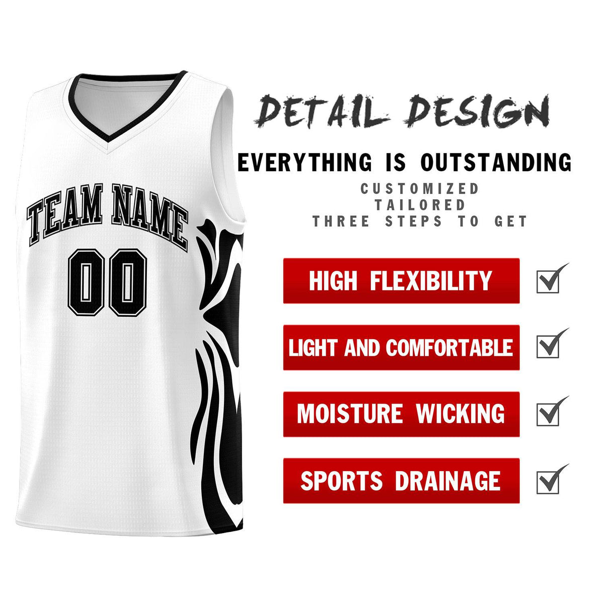 Custom White Black-Black Graffiti Pattern Side Curve Pattern Sports Uniform Basketball Jersey Sets