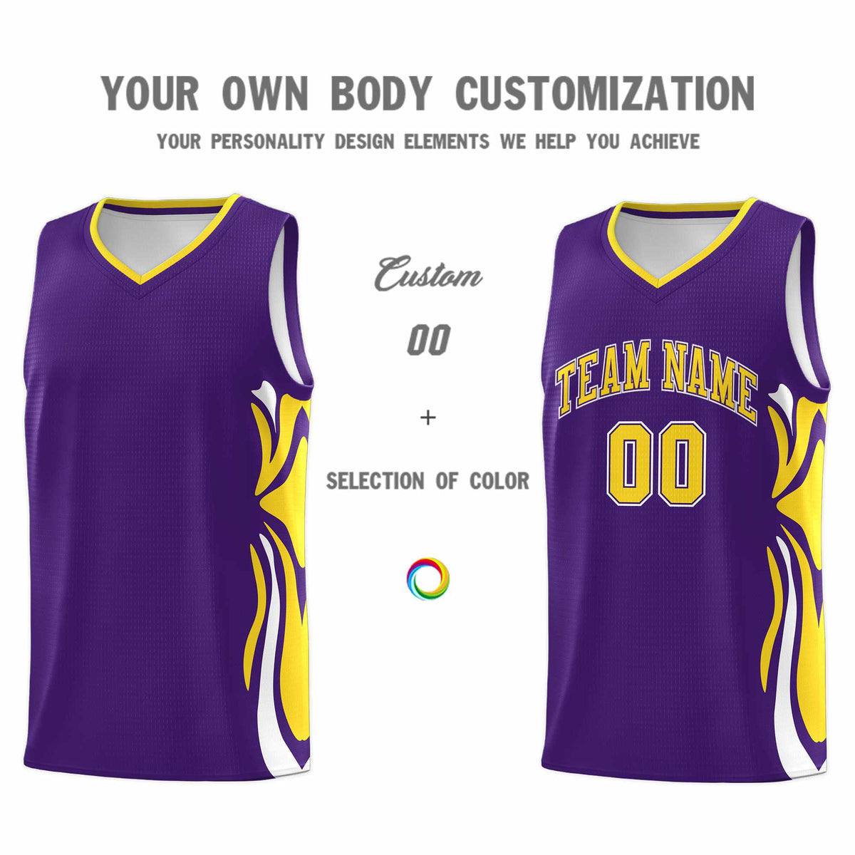 Custom Purple Gold-White Graffiti Pattern Side Curve Pattern Sports Uniform Basketball Jersey Sets