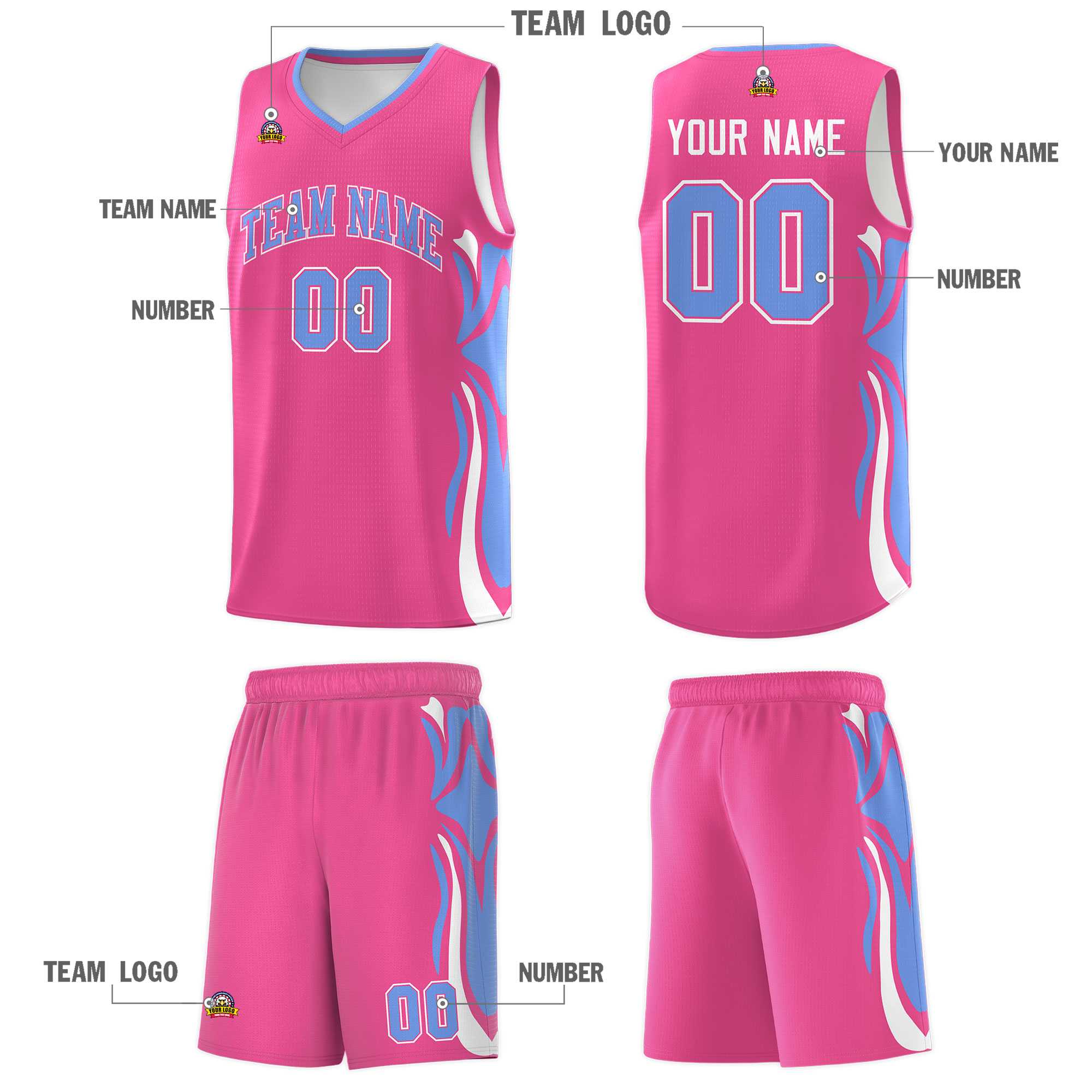 Custom Pink Light Blue-White Graffiti Pattern Side Curve Pattern Sports Uniform Basketball Jersey Sets