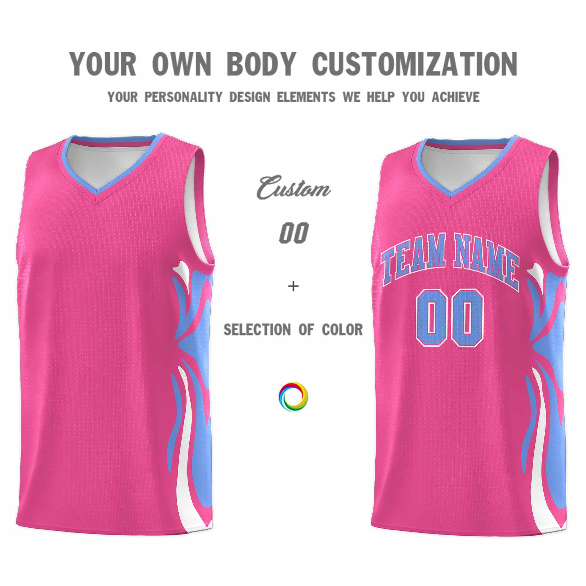 Custom Pink Light Blue-White Graffiti Pattern Side Curve Pattern Sports Uniform Basketball Jersey Sets