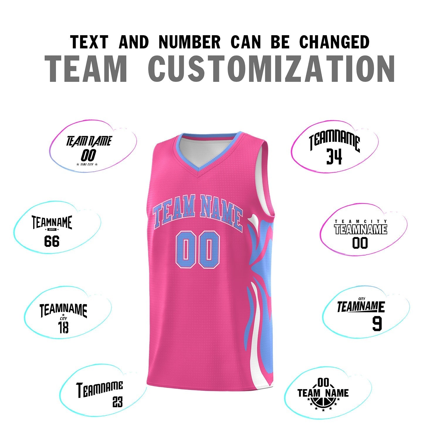 Custom Pink Light Blue-White Graffiti Pattern Side Curve Pattern Sports Uniform Basketball Jersey Sets