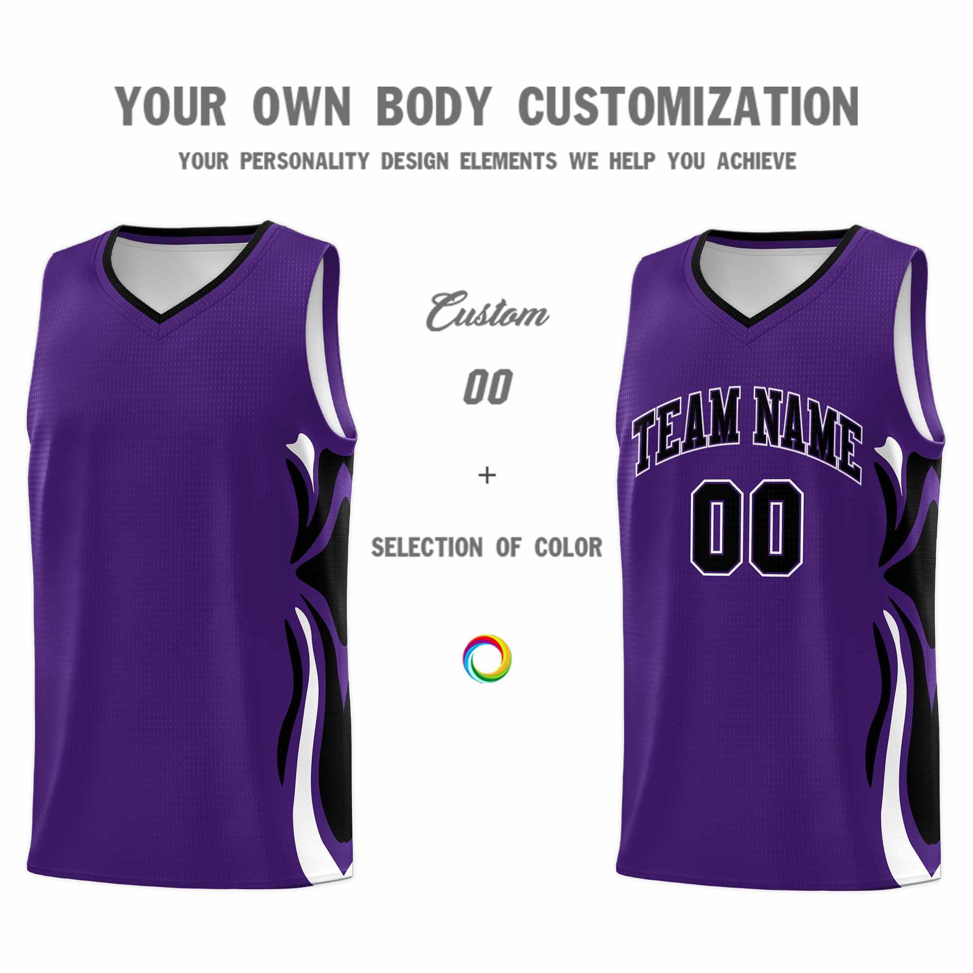 Custom Purple Black-White Graffiti Pattern Side Curve Pattern Sports Uniform Basketball Jersey Sets