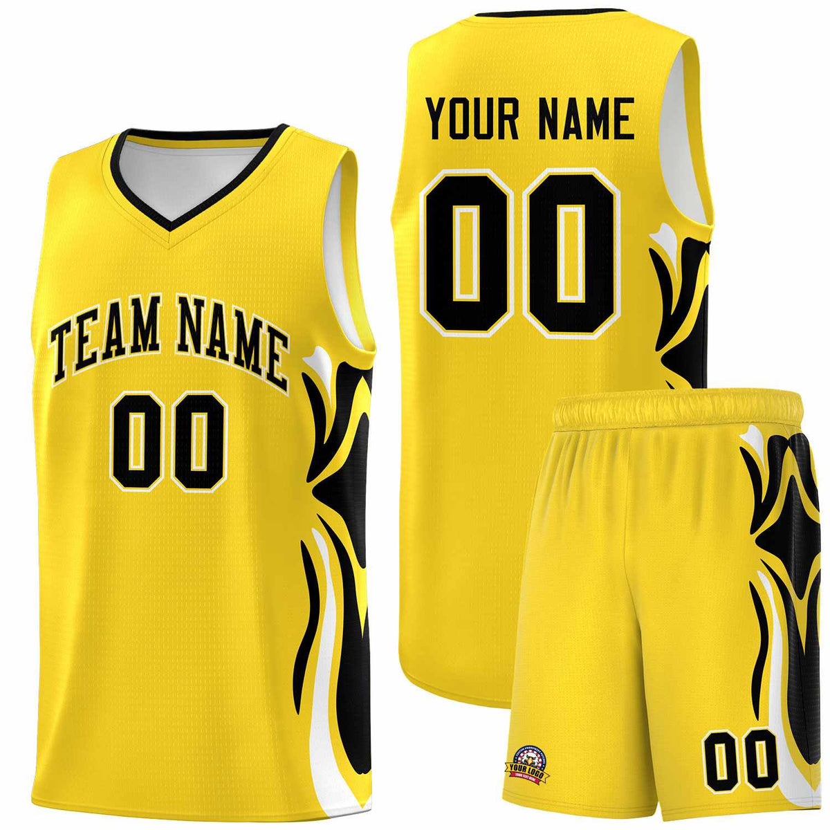 Custom Gold Black-White Graffiti Pattern Side Curve Pattern Sports Uniform Basketball Jersey Sets