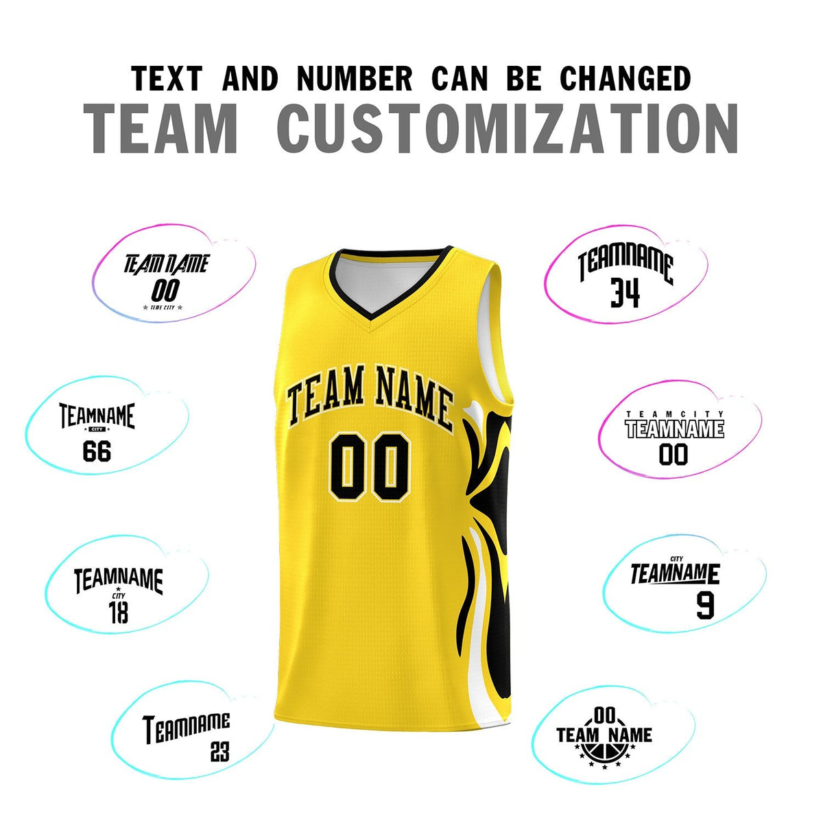 Custom Gold Black-White Graffiti Pattern Side Curve Pattern Sports Uniform Basketball Jersey Sets