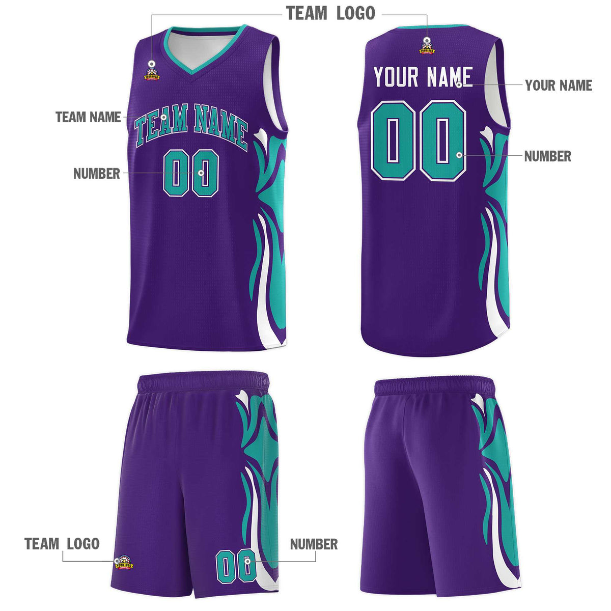 Custom Purple Aqua-White Graffiti Pattern Side Curve Pattern Sports Uniform Basketball Jersey Sets