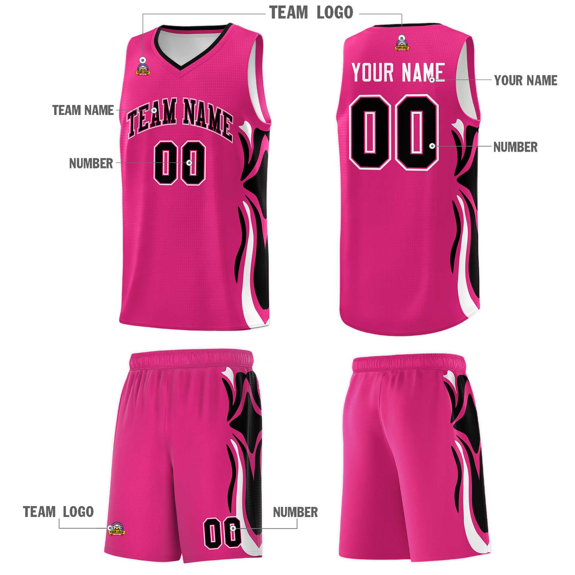 Custom Pink Black-White Graffiti Pattern Side Curve Pattern Sports Uniform Basketball Jersey Sets