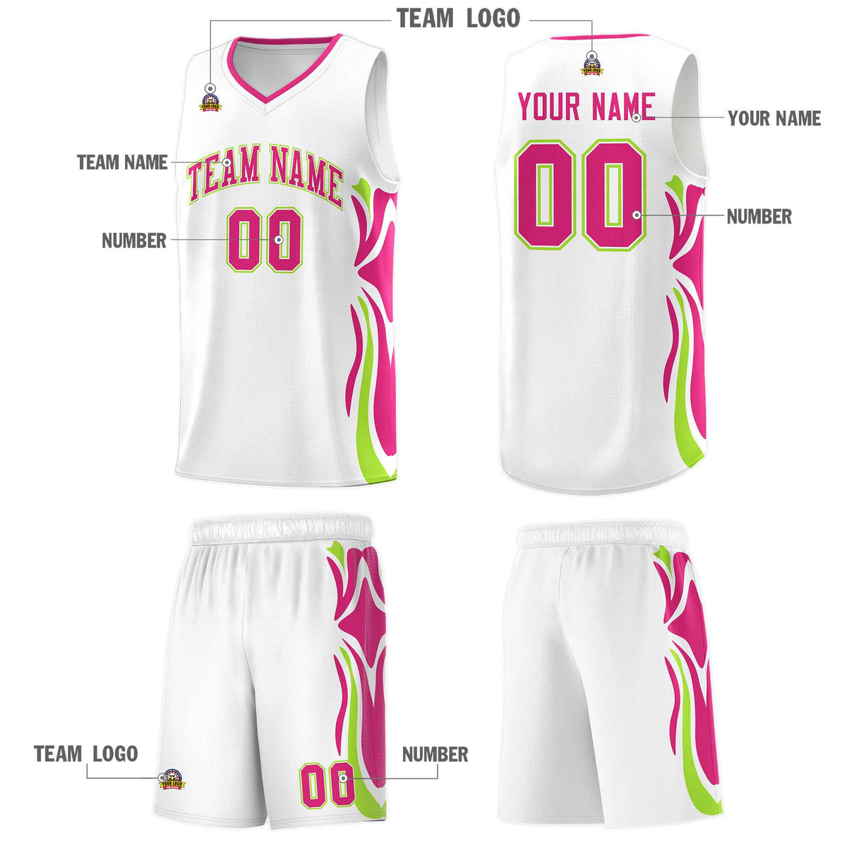 Custom White Pink-Light Green Graffiti Pattern Side Curve Pattern Sports Uniform Basketball Jersey Sets
