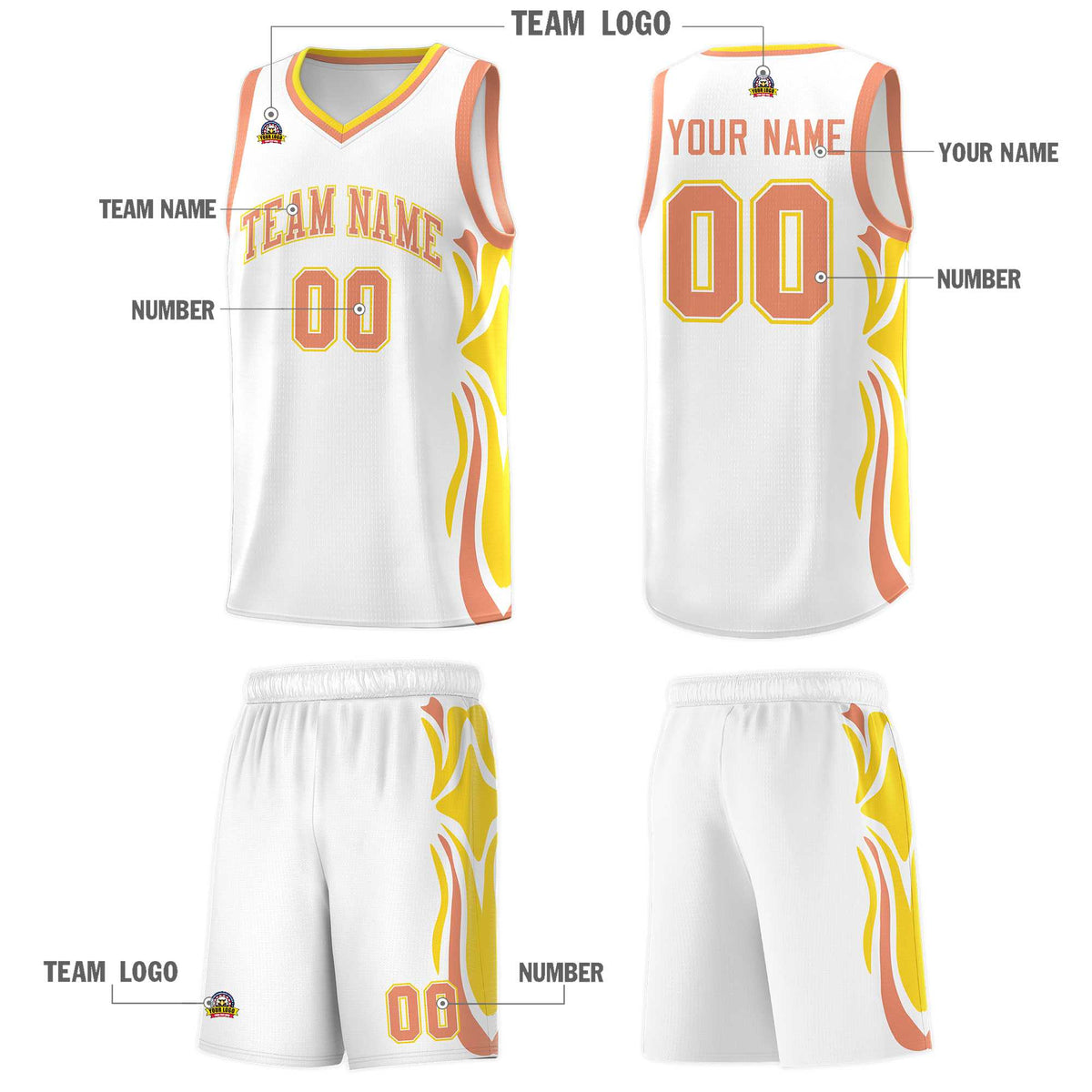 Custom White Light Orange-Gold Graffiti Pattern Side Curve Pattern Sports Uniform Basketball Jersey Sets