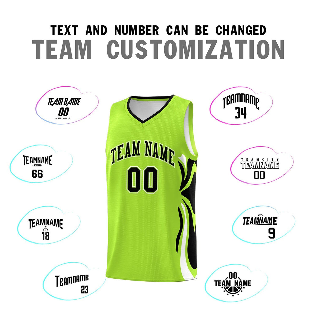 Custom Light Green Black-White Graffiti Pattern Side Curve Pattern Sports Uniform Basketball Jersey Sets