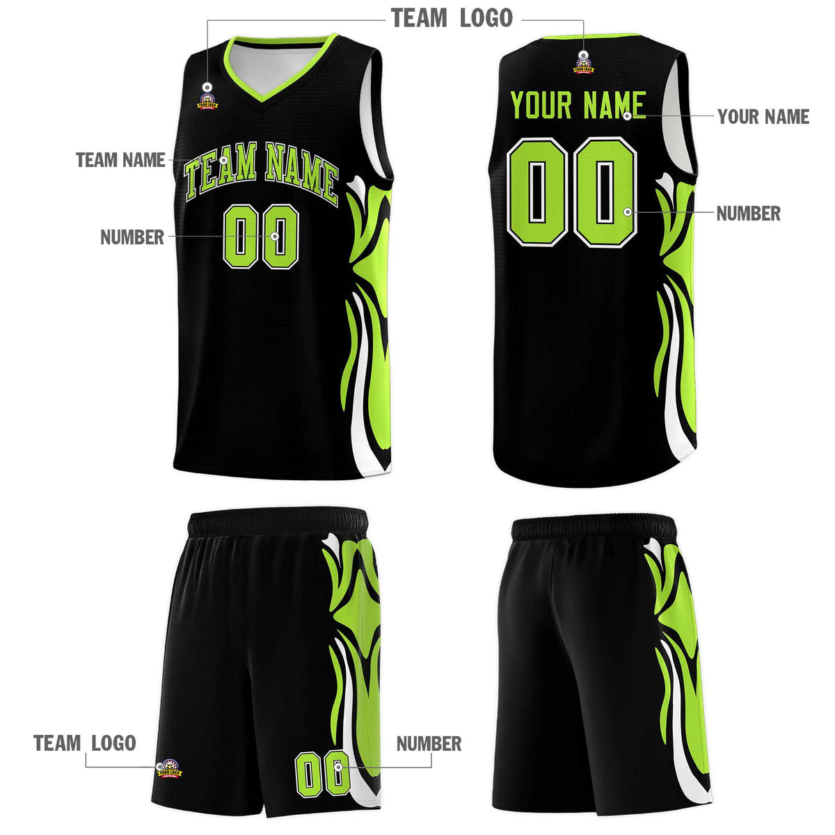 Custom Black Light Green-White Graffiti Pattern Side Curve Pattern Sports Uniform Basketball Jersey Sets