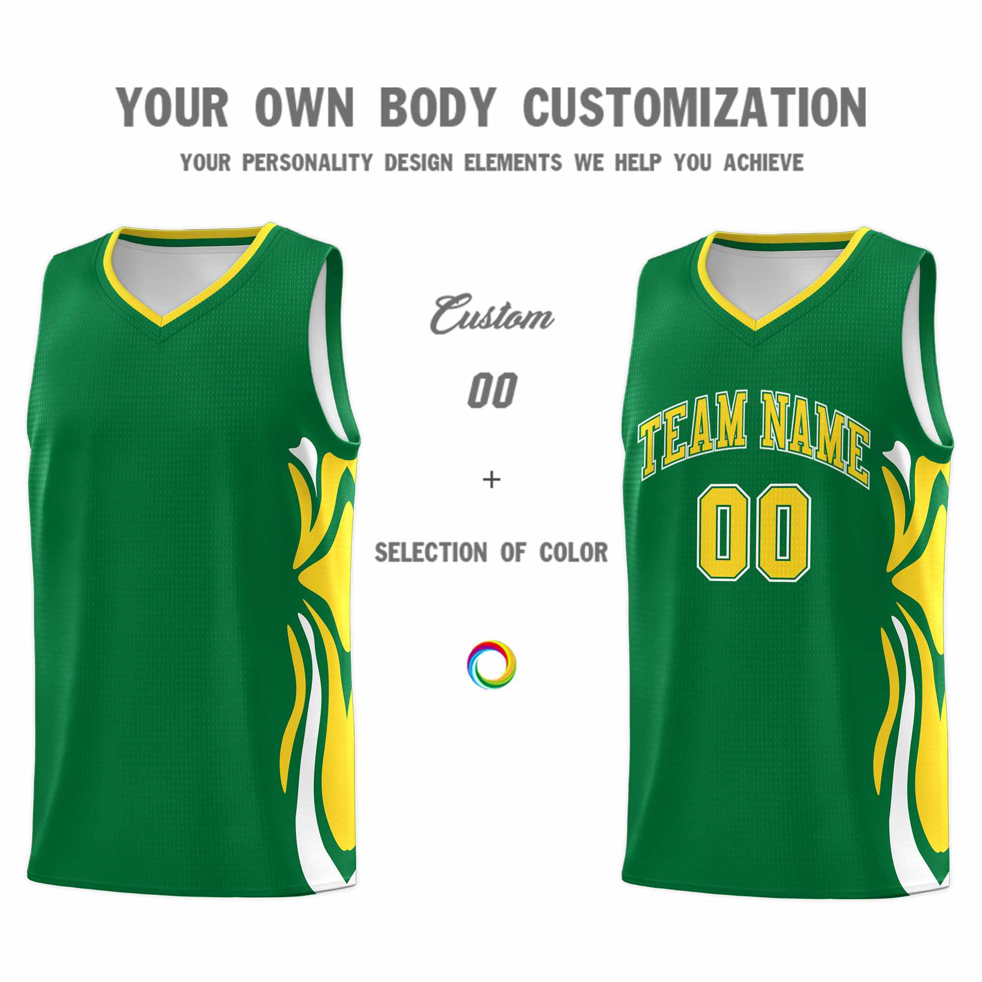 Custom Kelly Green Gold-White Graffiti Pattern Side Curve Pattern Sports Uniform Basketball Jersey Sets
