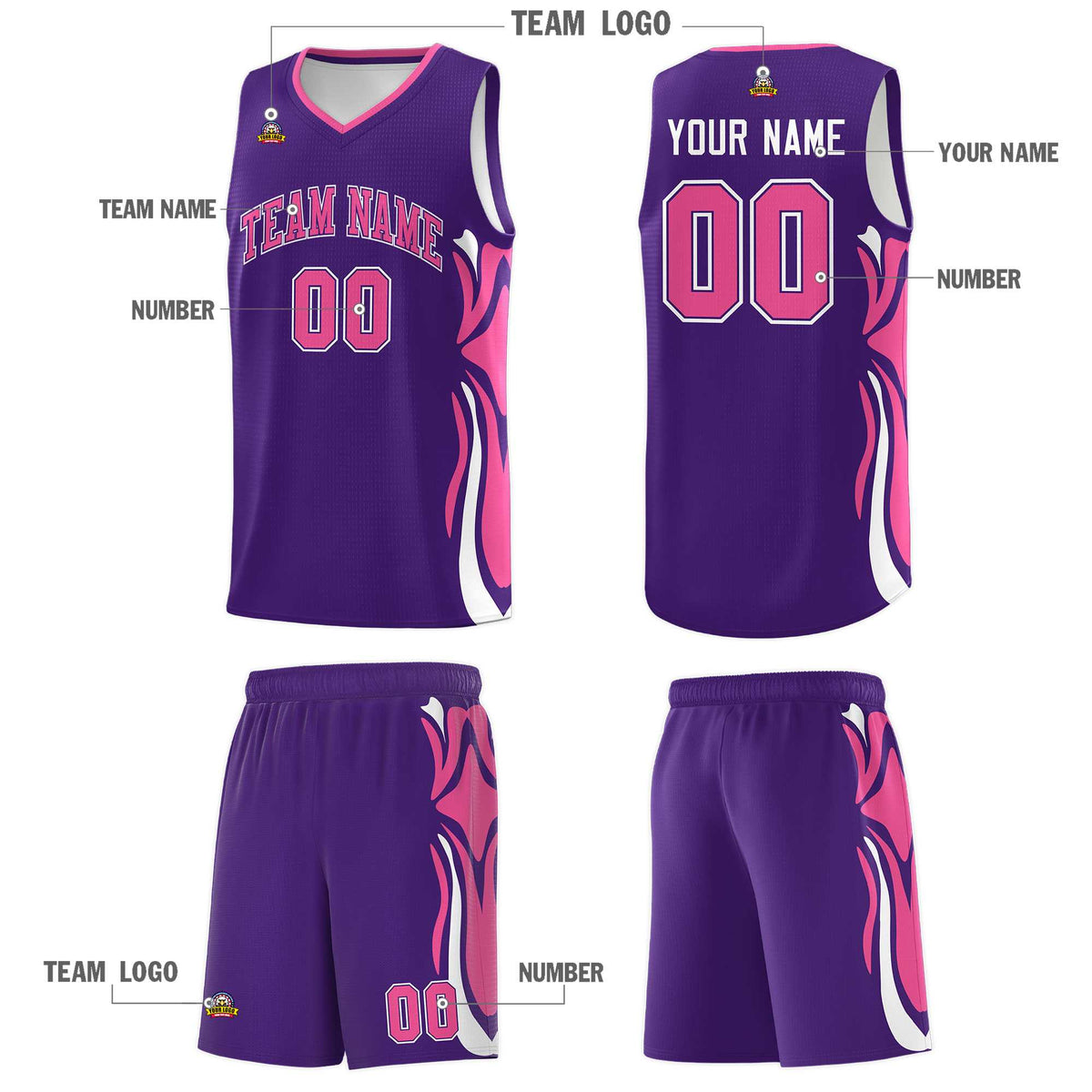 Custom Purple Pink-White Graffiti Pattern Side Curve Pattern Sports Uniform Basketball Jersey Sets