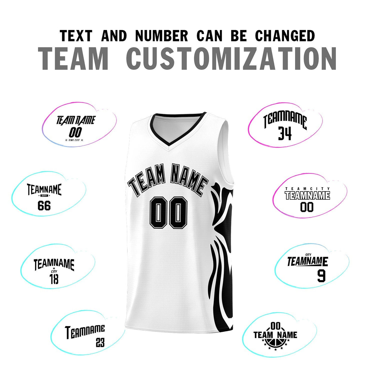 Custom White Black-Black Graffiti Pattern Side Curve Pattern Sports Uniform Basketball Jersey Sets
