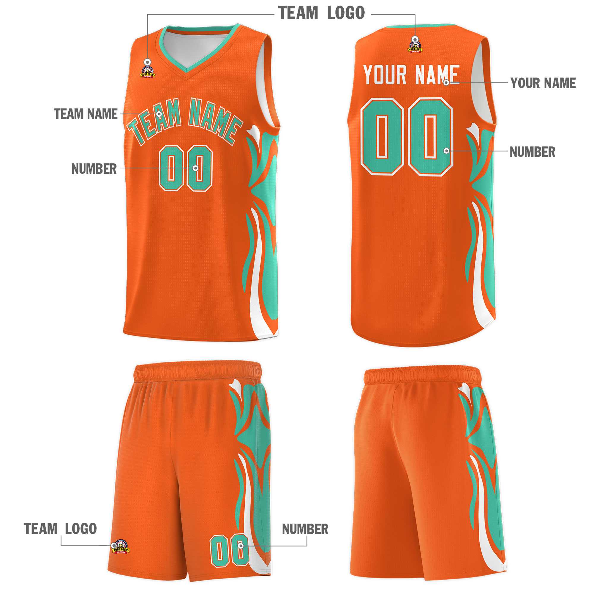 Custom Orange Bright Green-White Graffiti Pattern Side Curve Pattern Sports Uniform Basketball Jersey Sets
